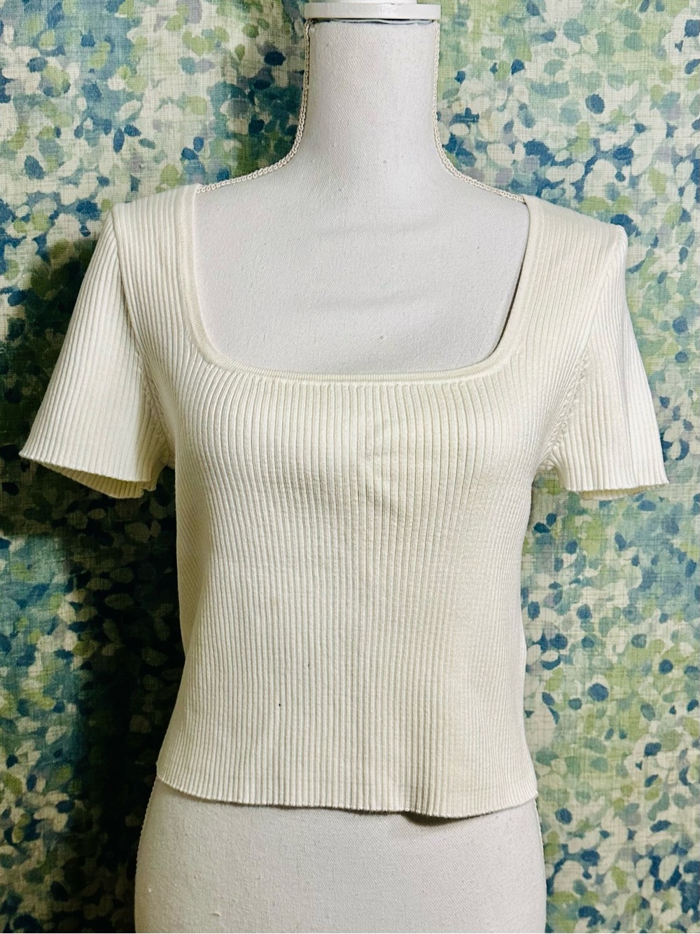 Madewell Ivory Rib Knit Square Neck Fitted Short Sleeve Top L